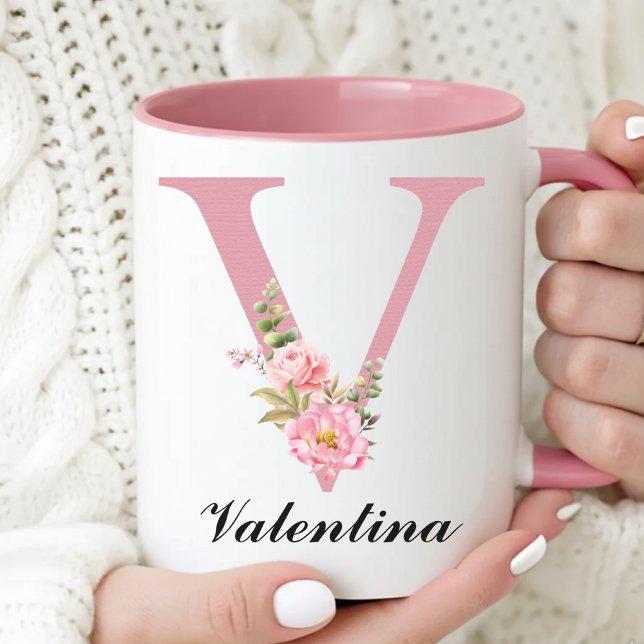 Personlig kopp med blommig initial för mors dag-pr (Floral Rose Coffee Mug Christmas Gift for Her, Personalized Pink Floral Mug Gift for Mom or Grandma)