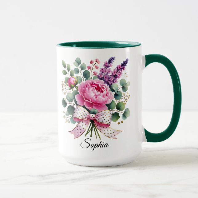 Personlig kopp med pionblommor och namn Elegant gå (Höger)
