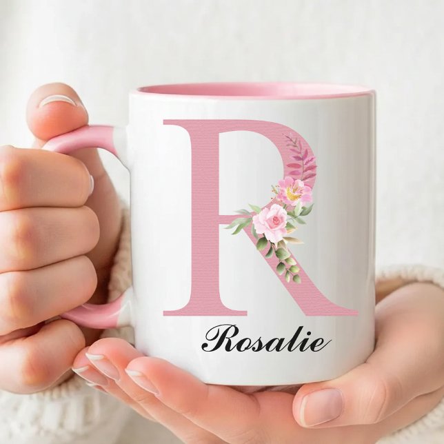Personlig kopp med rosa rosor och monogram - perfe (Personalized Rose Mug Christmas Gift for Her, Floral Monogram Coffee Mug Thank You Gift for Her)