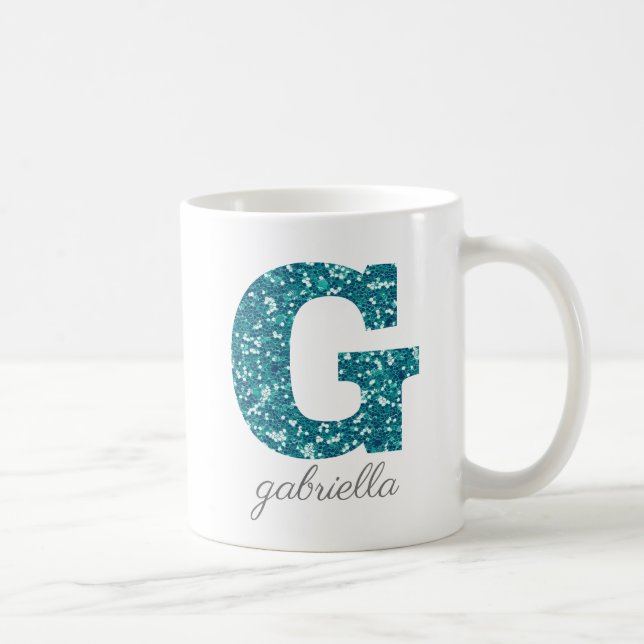 Personlig kopp med teal glittermonogram G (Höger)