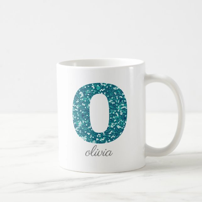 Personlig kopp med teal glittermonogram O (Höger)