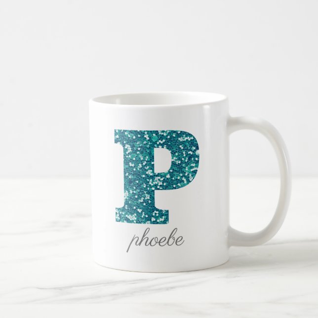 Personlig kopp med teal glittermonogram P (Höger)