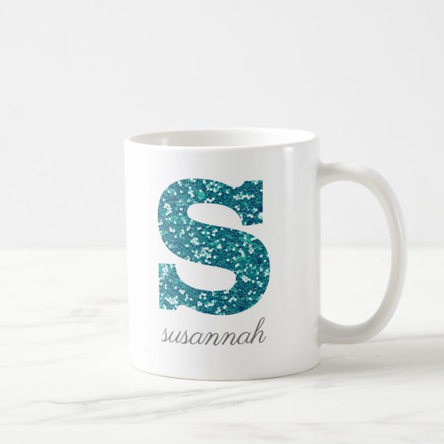 Personlig kopp med teal glittermonogram S (Höger)