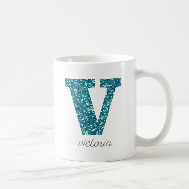 Personlig kopp med teal glittermonogram V (Höger)
