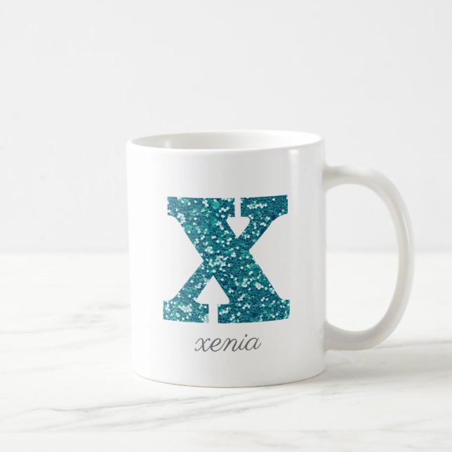 Personlig kopp med teal glittermonogram X (Höger)