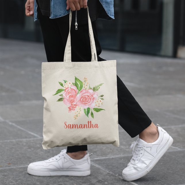 Personlig korallrosa akvarellros tygkasse (Coral Pink Watercolor Tote Bag)