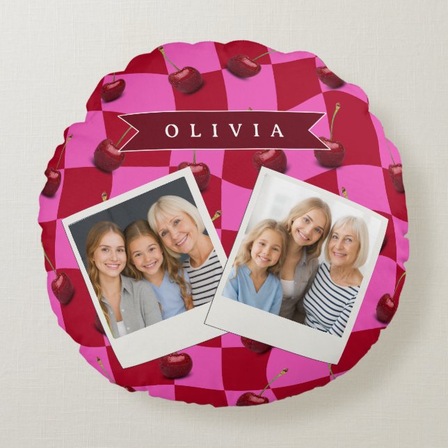 Personlig Körsbärs-Gingham Retro Anpassat Namn Rund Kudde (Framsidan)