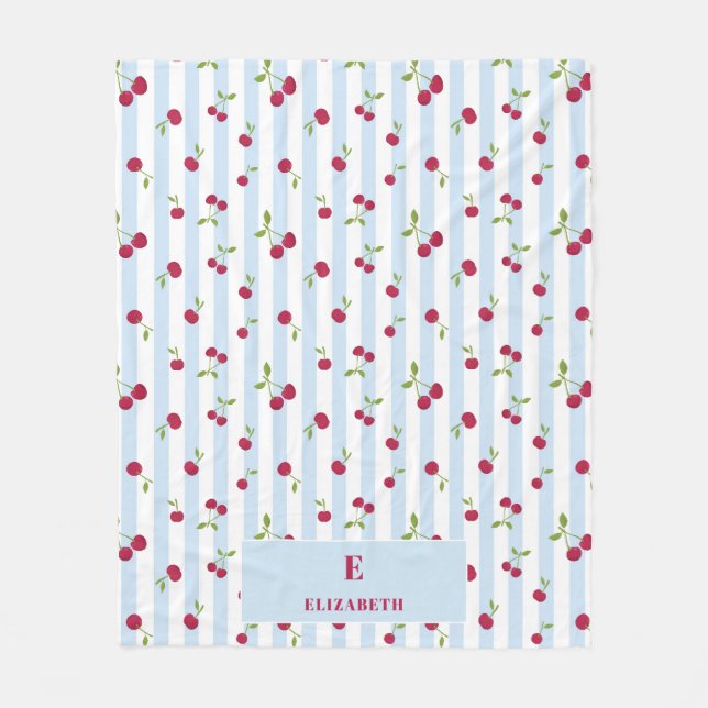 Personlig körsbärsblå randig retro monogram fleecefilt (Framsidan)