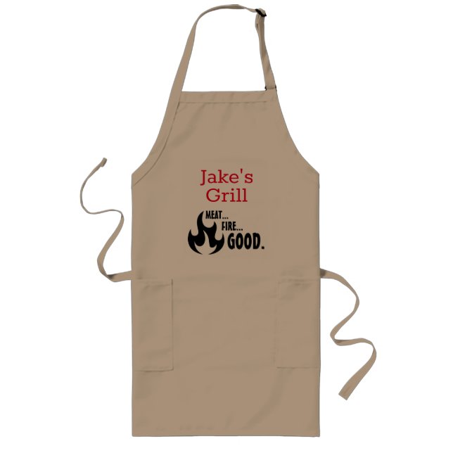 Personlig "Kött... brand...Bra!" Grill Apron Långt Förkläde (Framsidan)