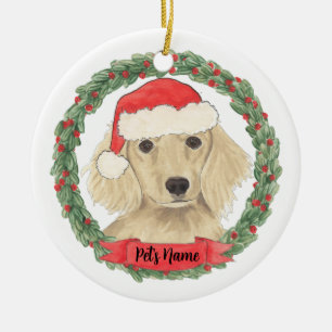 Personlig krämfärgad långhårig dachshund jul julgransprydnad keramik
