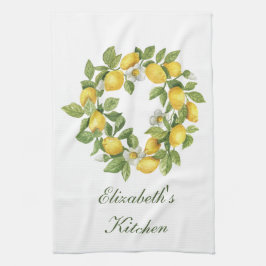 Personlig krans med citronblad och vita blommor kökshandduk