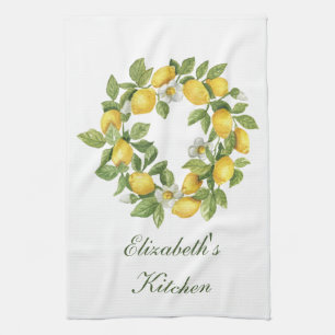 Personlig krans med citronblad och vita blommor kökshandduk
