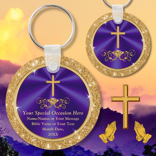 Personlig, kristet Party favors, Alla Tillfälle Nyckelring (Church Anniversary Favors. Purple and Gold, Christian Keychains. Gifts for church members. Scripture)