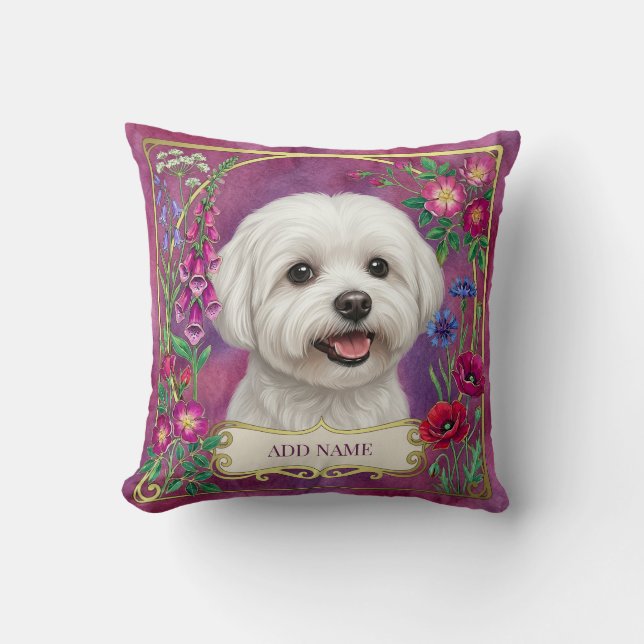 Personlig Kudde Med Malteser Hund Rosa Blommor (Framsida)