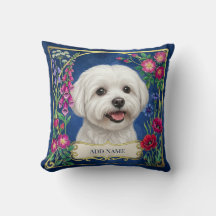Personlig kudde med malteserhund och blå blommor