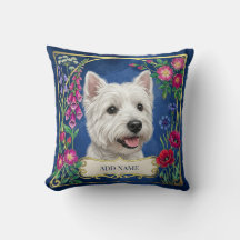 Personlig kudde med West Highland Dog i blå blomst