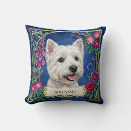 Personlig kudde med West Highland Dog i blå blomst
