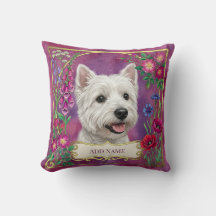 Personlig kudde med West Highland Dog i rosa blomm