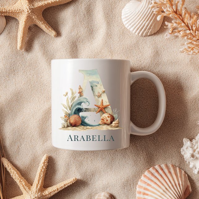 Personlig kustmonogram A initial strand Kaffemugg (Personalized Coastal Monogram A Initial Beach Coffee Mug)