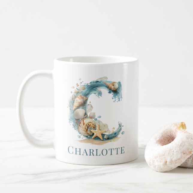 Personlig kustmonogram C Initial strand Kaffemugg (Med munk)
