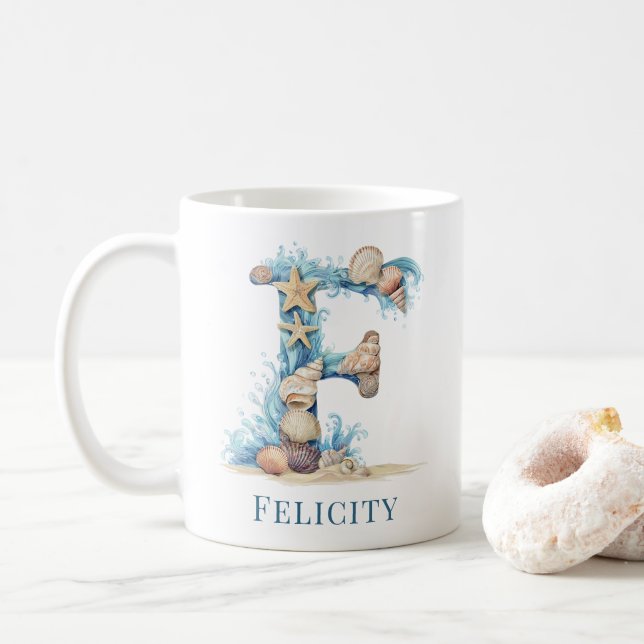 Personlig kustmonogram F Initial Strand Kaffemugg (Med munk)