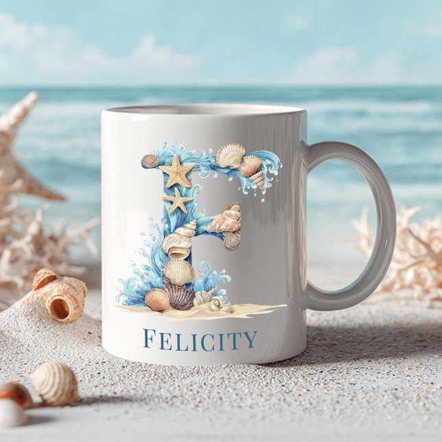Personlig kustmonogram F Initial Strand Kaffemugg (Personalized Coastal Monogram F Initial Beach Coffee Mug)