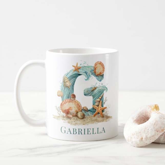 Personlig kustmonogram G Initial strand Kaffemugg (Med munk)