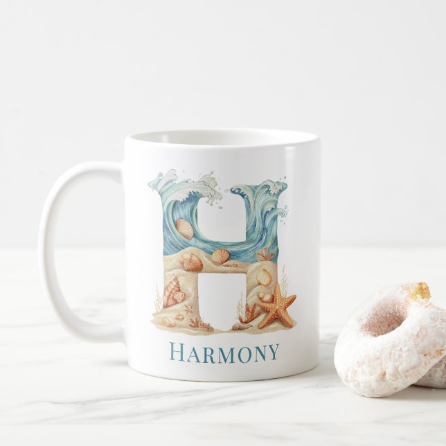 Personlig kustmonogram H Initial Strand Kaffemugg (Med munk)