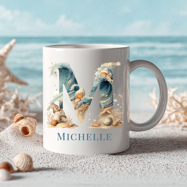 Personlig kustmonogram M Initial Strand Kaffemugg (Personalized Coastal Monogram M Initial Beach Coffee Mug)