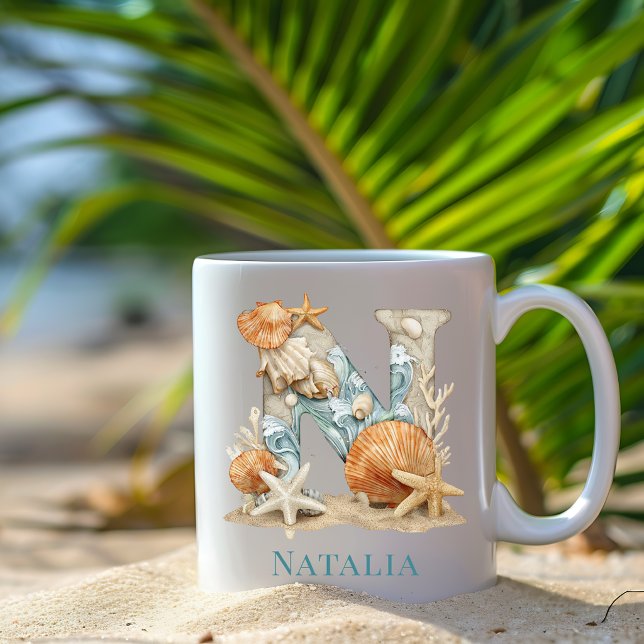Personlig kustmonogram N Initial Strand Kaffemugg (Personalized Coastal Monogram N Initial Beach Coffee Mug)