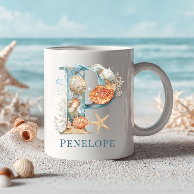 Personlig kustmonogram P Initial Strand Kaffemugg (Personalized Coastal Monogram P Initial Beach Coffee Mug)