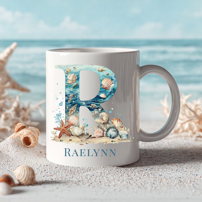 Personlig kustmonogram R Initial Strand Kaffemugg (Personalized Coastal Monogram R Initial Beach Coffee Mug)