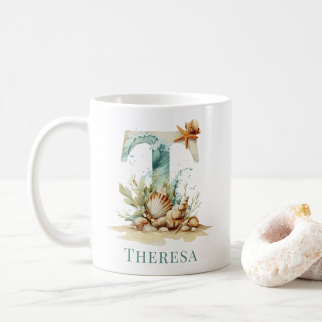 Personlig kustmonogram T Initial Strand Kaffemugg (Med munk)