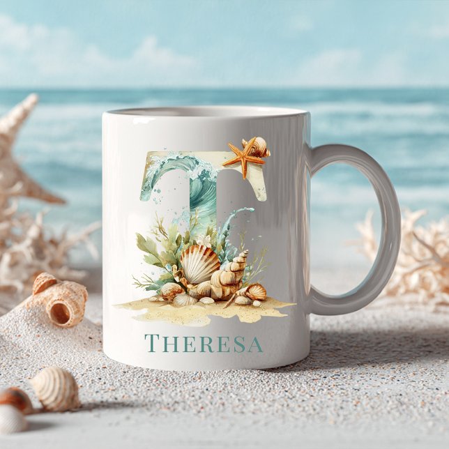 Personlig kustmonogram T Initial Strand Kaffemugg (Personalized Coastal Monogram T Initial Beach Coffee Mug
)