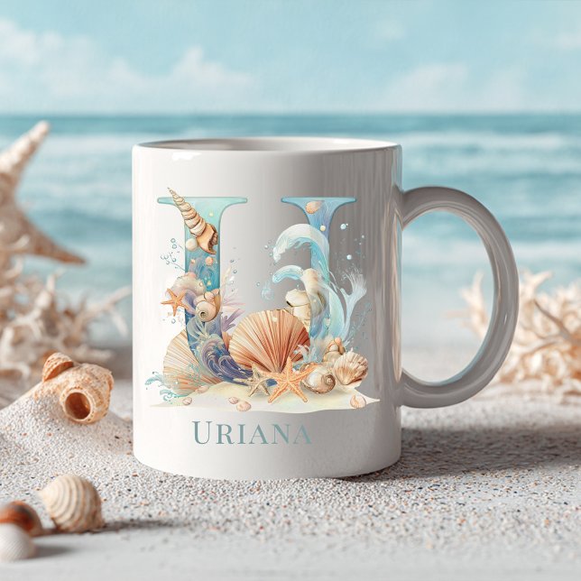 Personlig kustmonogram U Initial Strand Kaffemugg (Personalized Coastal Monogram U Initial Beach Coffee Mug)