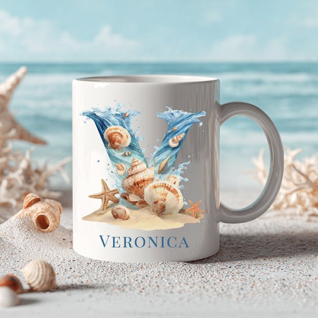 Personlig kustmonogram V Initial Strand Kaffemugg (Personalized Coastal Monogram V Initial Beach Coffee Mug)