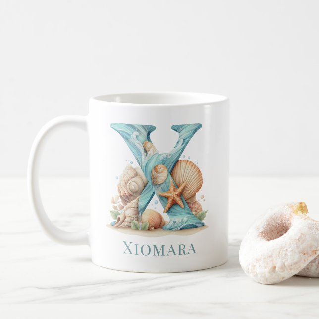 Personlig kustmonogram X initial strand Kaffemugg (Med munk)