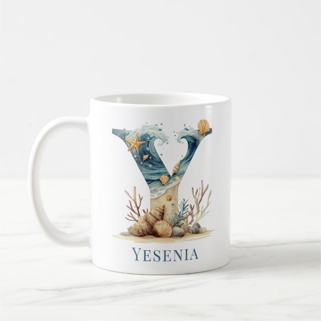 Personlig kustmonogram Y initial strand Kaffemugg (Vänster)