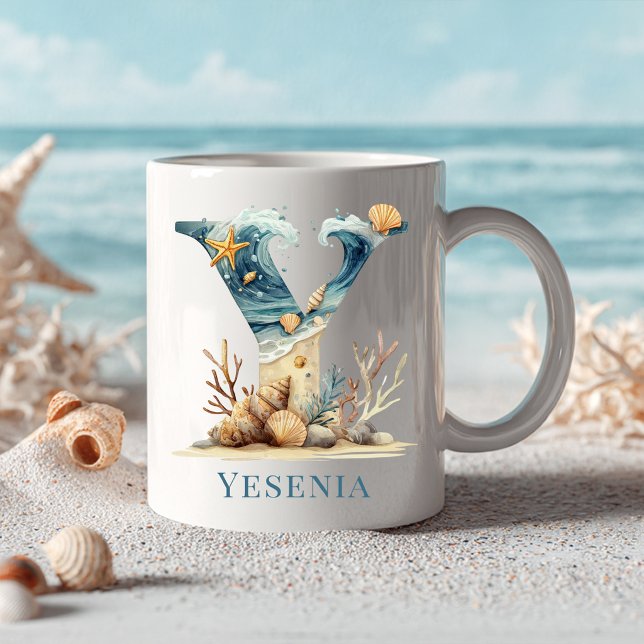 Personlig kustmonogram Y initial strand Kaffemugg (Personalized Coastal Monogram Y Initial Beach Coffee Mug)