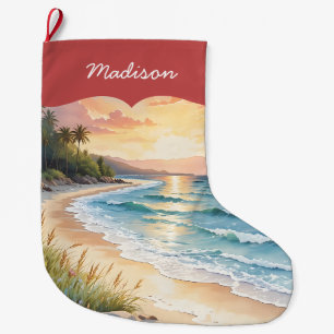 Personlig kustnära strand och sandblå ocean stor julstrumpa