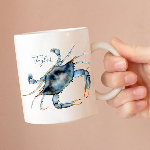Personlig Kustvattenfärgsblå krabba Kaffemugg