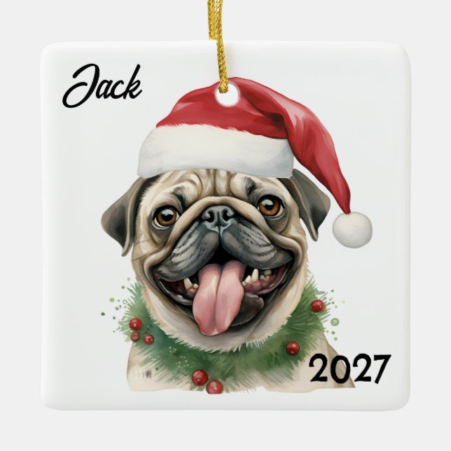 Personlig Kute-jultomten Pug Julgransprydnad Keramik (Framsida)