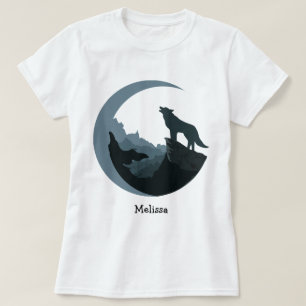 Personlig Kvinnors Grått/Blue Howling vid Måne T Shirt