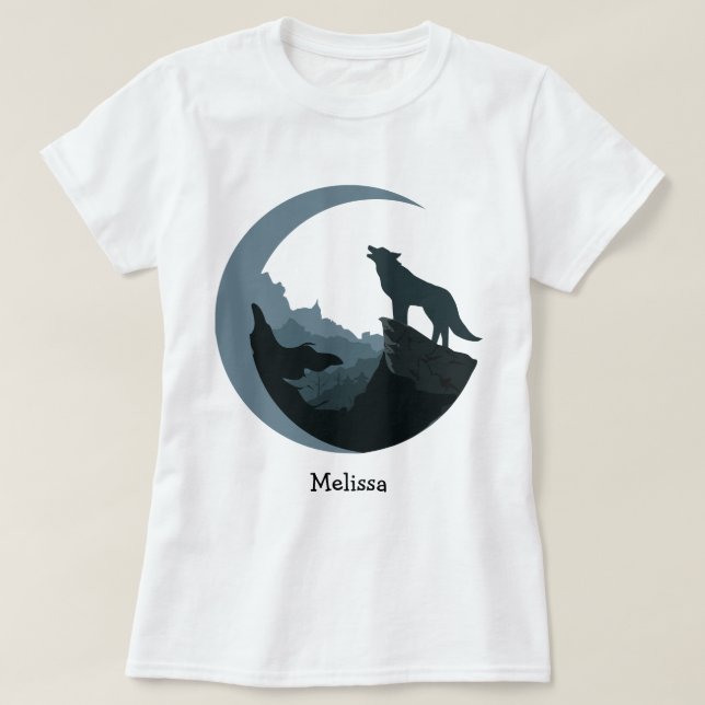 Personlig Kvinnors Grått/Blue Howling vid Måne T Shirt (Design framsida)