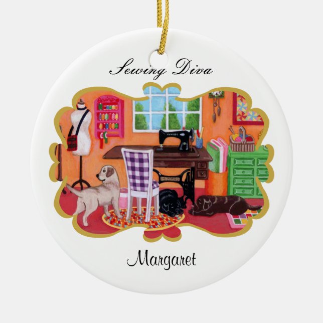 Personlig Labradors i mamma sömnadrum Julgransprydnad Keramik (Framsidan)