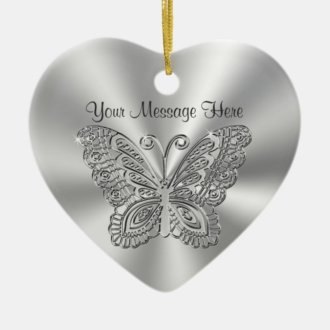 Personlig Lacy Silver Butterfly Ornaments Julgransprydnad Keramik (Framsidan)