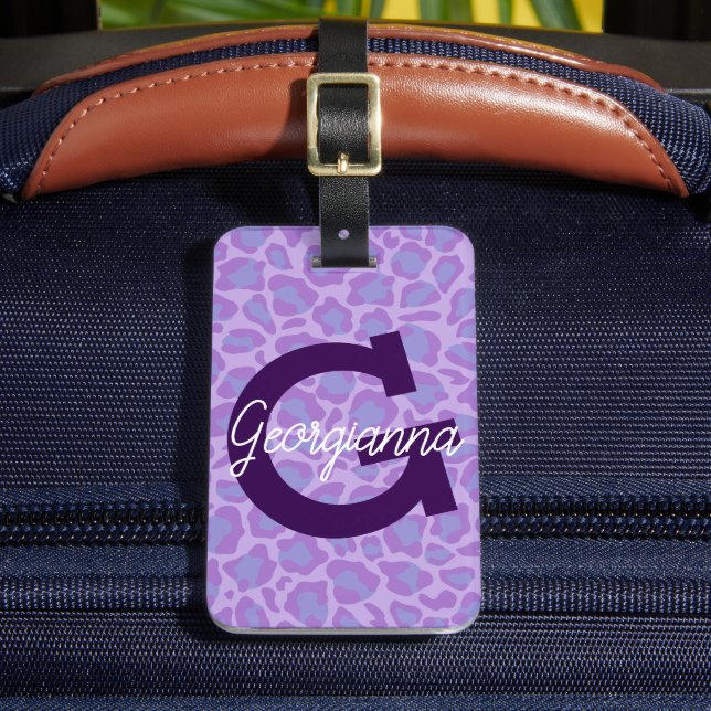 Personlig Lädervarutagg med Lila Leopard Bagagebricka (Framsida Insitu 2)