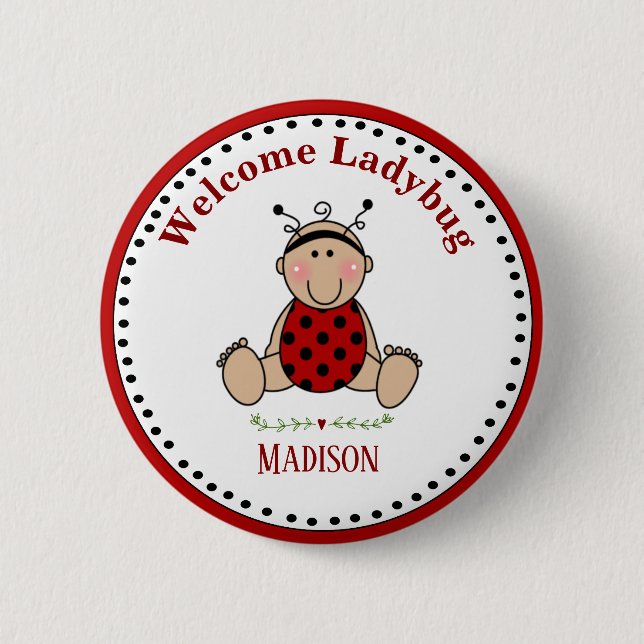 Personlig Ladybug Baby Shower Party Keepsak Knapp (Framsida)