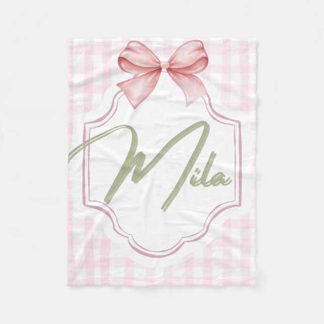 Personlig Lainey Flicka Nursery Bow&Gingham Fleecefilt (Framsidan)