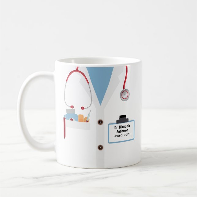 Personlig läkarpresentmugg med labb-coat och namn kaffemugg (Vänster)